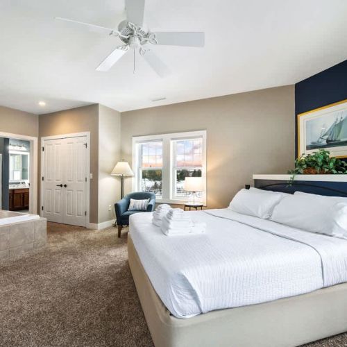 Bedroom #1 boasts a comfortable king sized and large whirlpool tub with en suite bathroom.