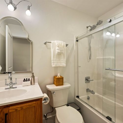 The hall bath has a tub/shower combination.  With two and a half bathrooms, there is plenty of space for everyone at Chicory Cottage.