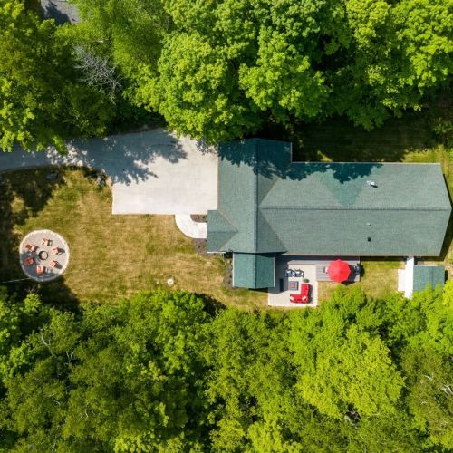 Chicory Cottage is surrounded by trees and green space.