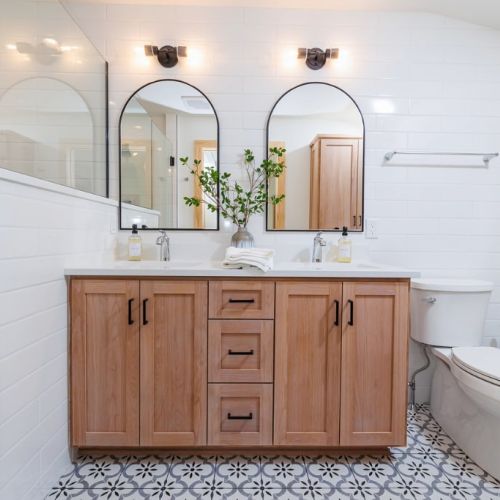 The stunning ensuite bath has a double vanity.