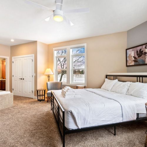 Bedroom #1 boasts a comfortable king sized and large whirlpool tub with en suite bathroom.