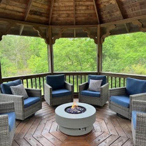 An inviting escape surrounded by nature’s green embrace.