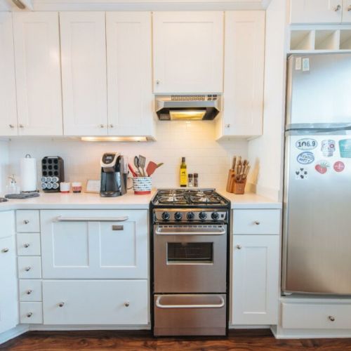 Kitchen amenities include a gas range and oven, refrigerator freezer, Keurig and dish-drawer.